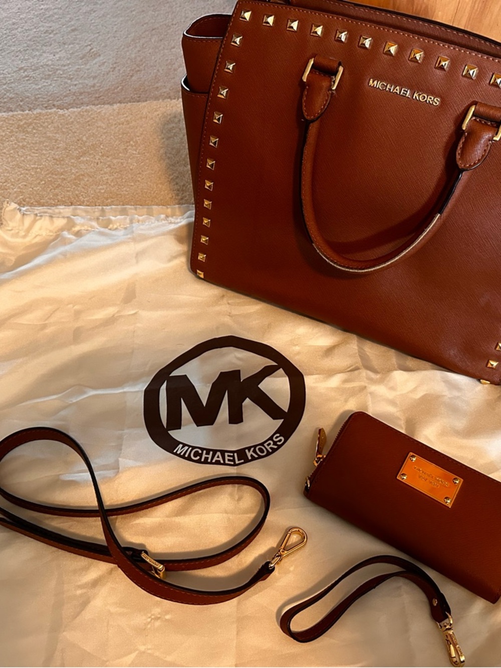 Michael Kors Brown Saffiano Leather Studded Tote with Matching Wallet
